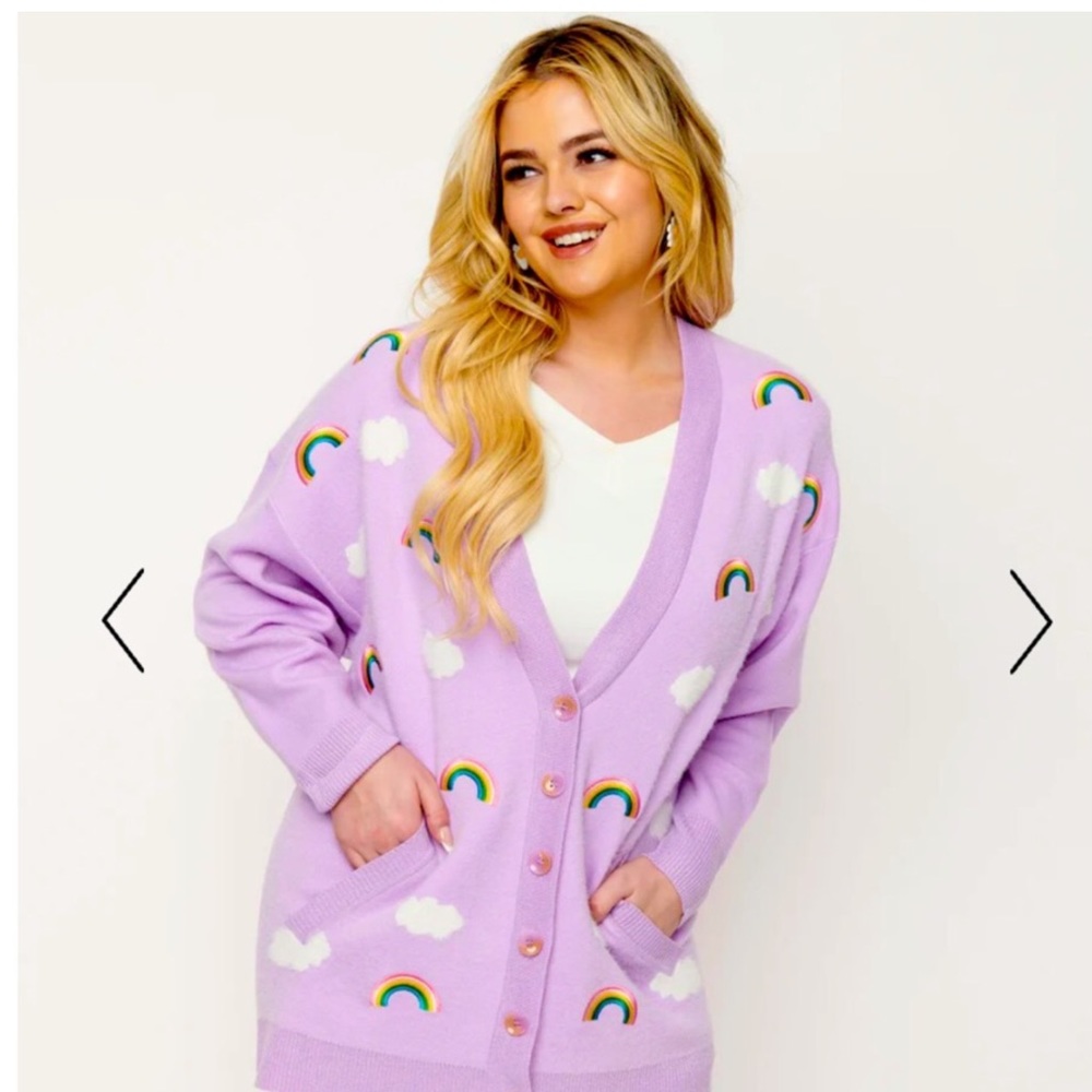 Unique vintage rainbows and clouds purple cardigan sweater XL